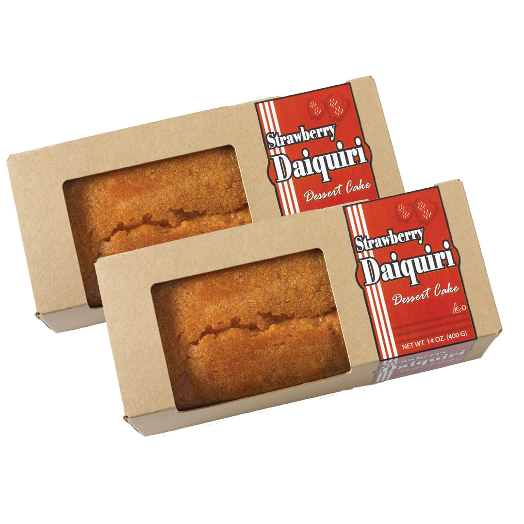 Two boxes of Strawberry Daiquiri dessert cake with red labels on a white background