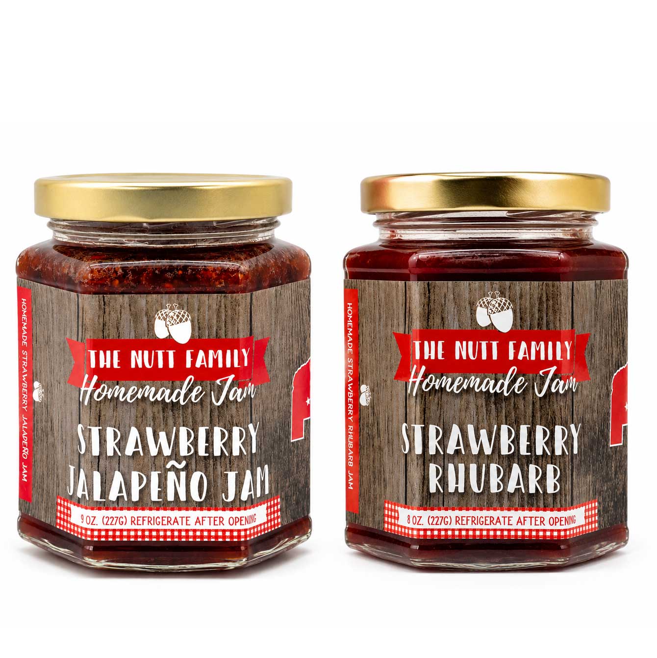 Two jars of strawberry jalapeño and strawberry rhubarb jam with wooden label design on a white background.