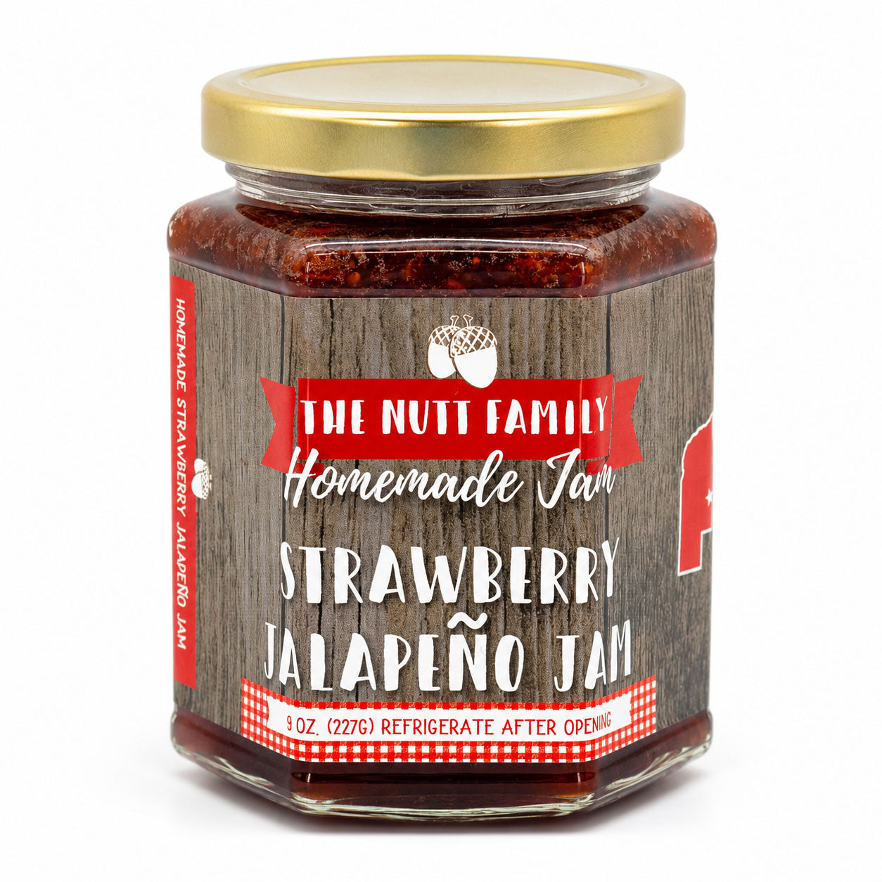 Jar of strawberry jalapeño jam with a wooden-textured label on a white background