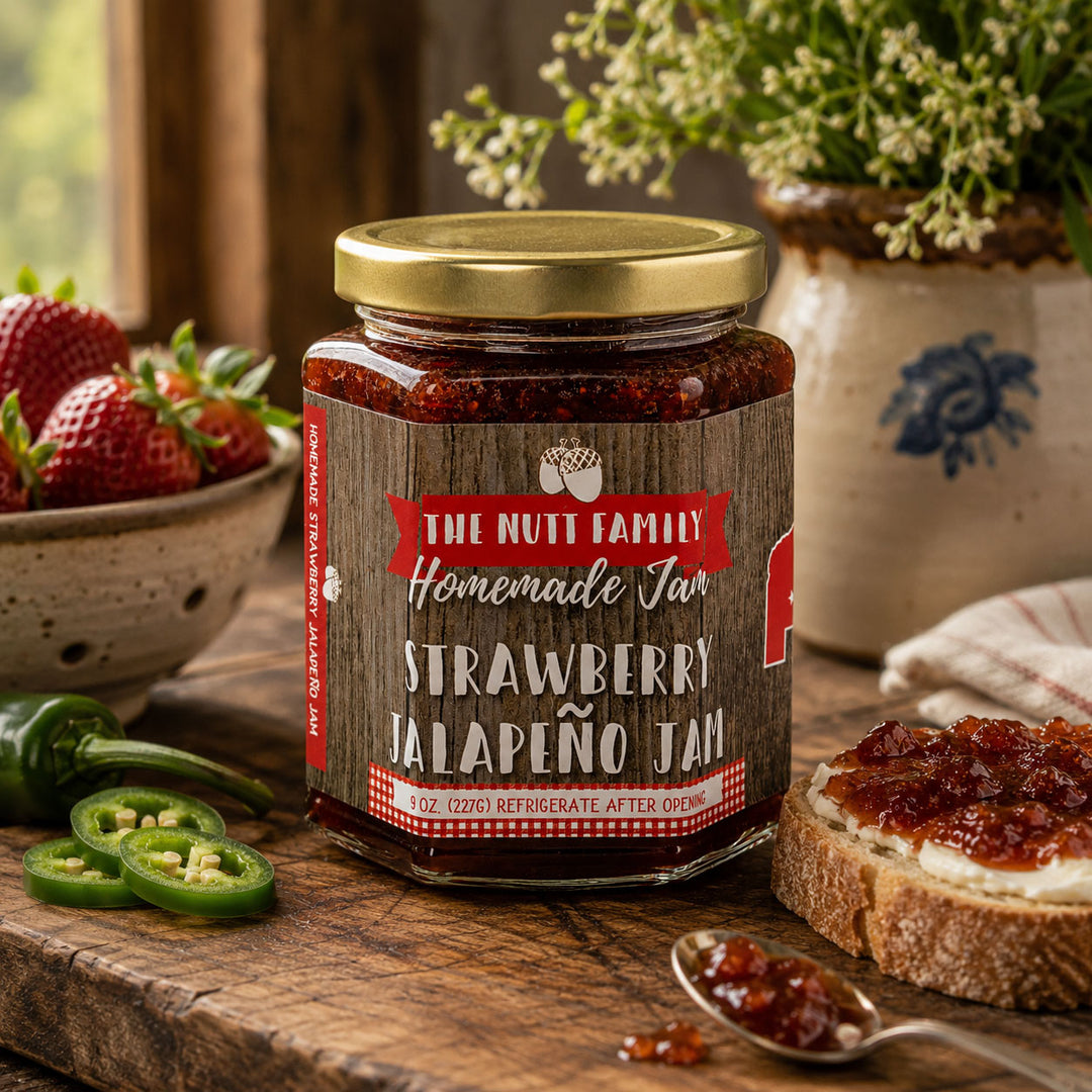 Jar of strawberry jalapeño jam with a label, surrounded by strawberries, jalapeños, and bread with spread.