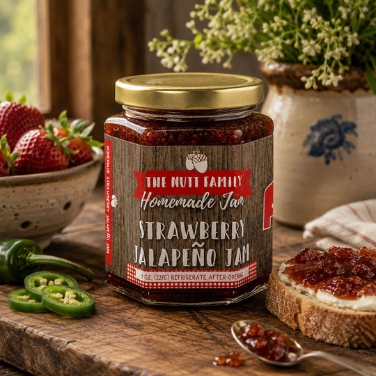 Jar of strawberry jalapeño jam with a label, surrounded by strawberries, jalapeños, and bread with spread.