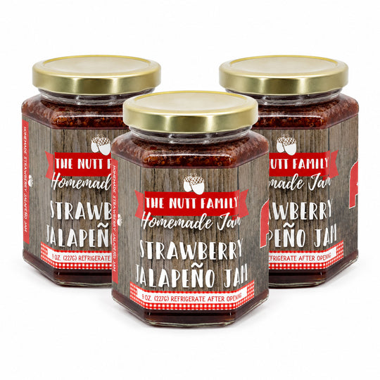 Three jars of Nutt Family Strawberry Jalapeño Jam on a white background