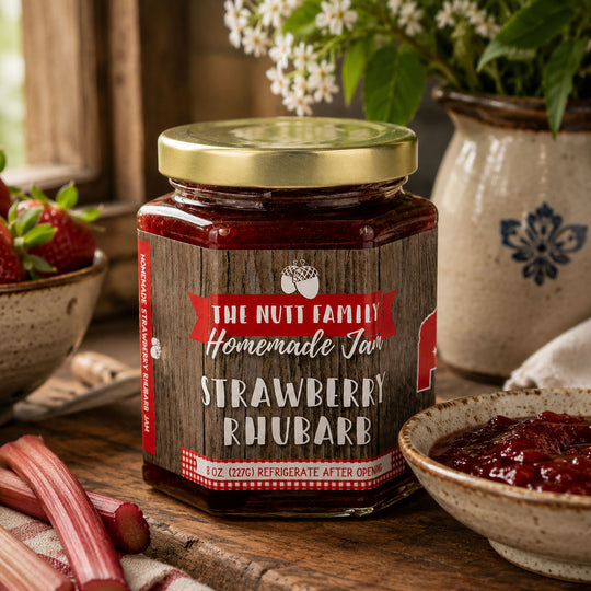 Jar of strawberry rhubarb jam with a wooden label on a rustic wooden table.