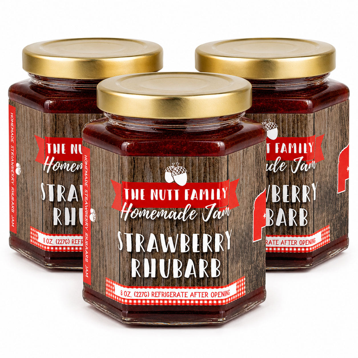 Three jars of Nutt Family Homemade Strawberry Rhubarb Jam on a white background