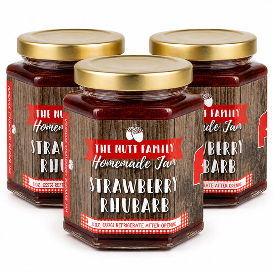 Three jars of Nutt Family Homemade Strawberry Rhubarb Jam on a white background