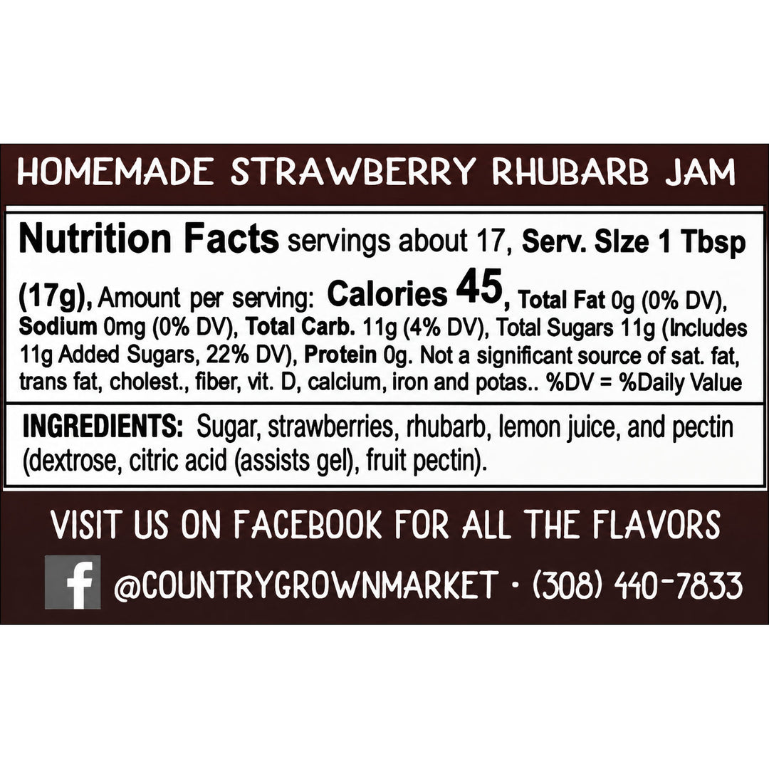 Nutrition facts label for homemade strawberry rhubarb jam with ingredients listed.
