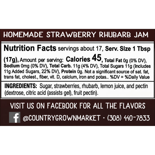 Nutrition facts label for homemade strawberry rhubarb jam with ingredients listed.