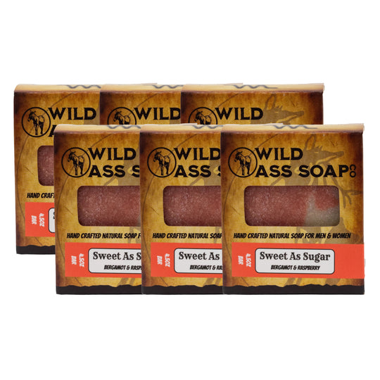 Six packages of Wild Ass Soap with a white background