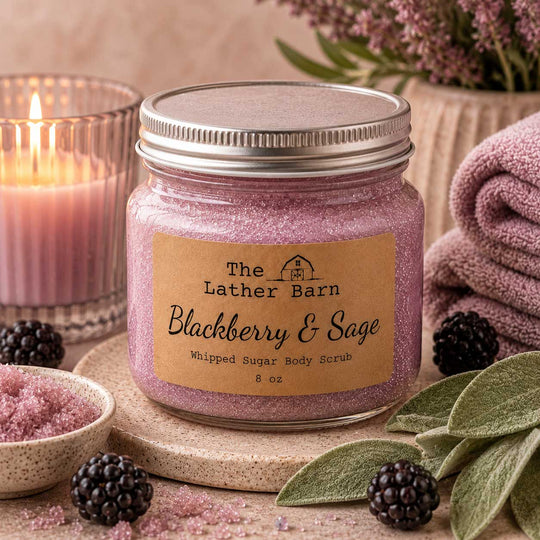A jar of whipped sugar body scrub labeled 'The Lather Barn Blackberry & Sage' sits on a stone coaster with blackberries, sage leaves, a lit candle, and a folded towel around it.