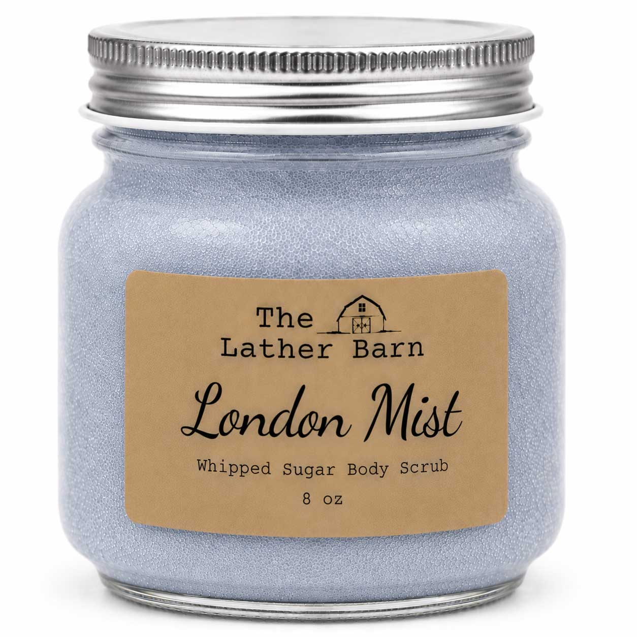 A 8 oz glass jar candle or body scrub by The Lather Barn, filled with a light lavender-blue whipped sugar scrub, featuring a kraft paper label and a silver metal screw-on lid.