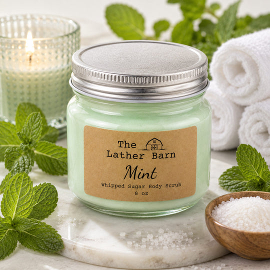 A jar of whipped sugar body scrub by The Lather Barn, labeled 'Mint', styled on a marble slab with mint leaves, a lit candle, rolled towels, and a small bowl of sea salt.
