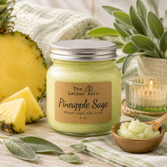 A jar of The Lather Barn Pineapple Sage Whipped Sugar Body Scrub sits on a rustic wooden table surrounded by pineapple slices, sage leaves, a lit candle, and a small wooden bowl of the pale yellow-green scrub.