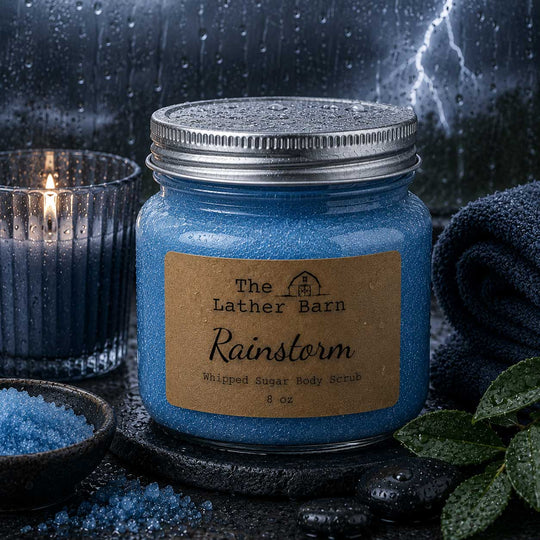 A blue whipped sugar body scrub jar labeled 'The Lather Barn Rainstorm' in a mason jar, styled with a lit candle, bath salts, a dark towel, and wet leaves on a dark stone surface.