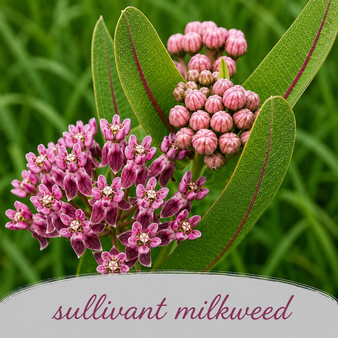 Pink sullivant milkweed flowers with green leaves on a blurred green background