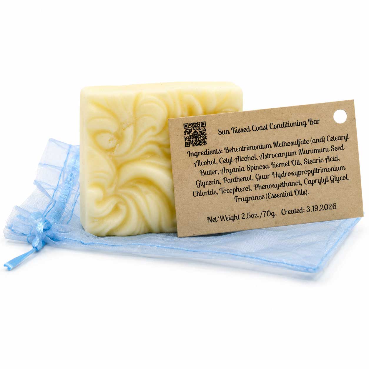 Bar of soap with a label on a white background