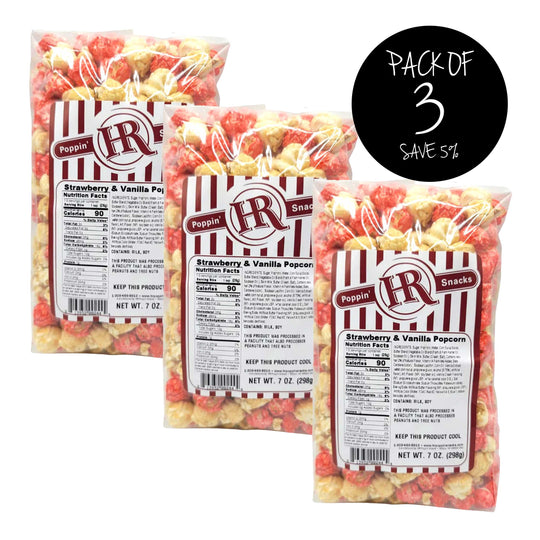 Strawberry & Vanilla Popcorn | Pack of 3 | 7 oz. | Sweet, Creamy Vanilla With Fresh Strawberry Coating | Made in Gibbon, NE | HR Poppin' Snacks