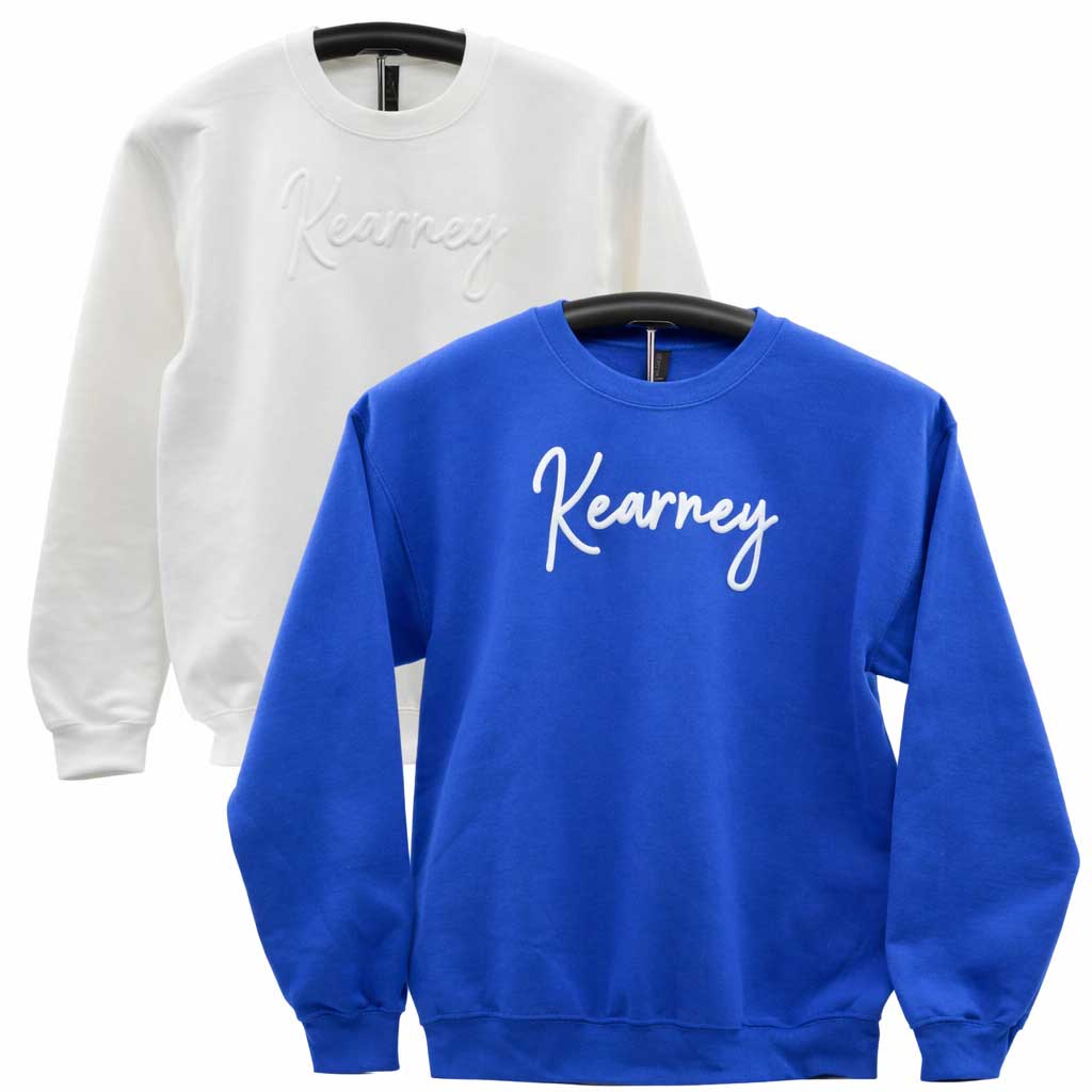 Blue and white sweatshirts with 'Kearney' text on a white background
