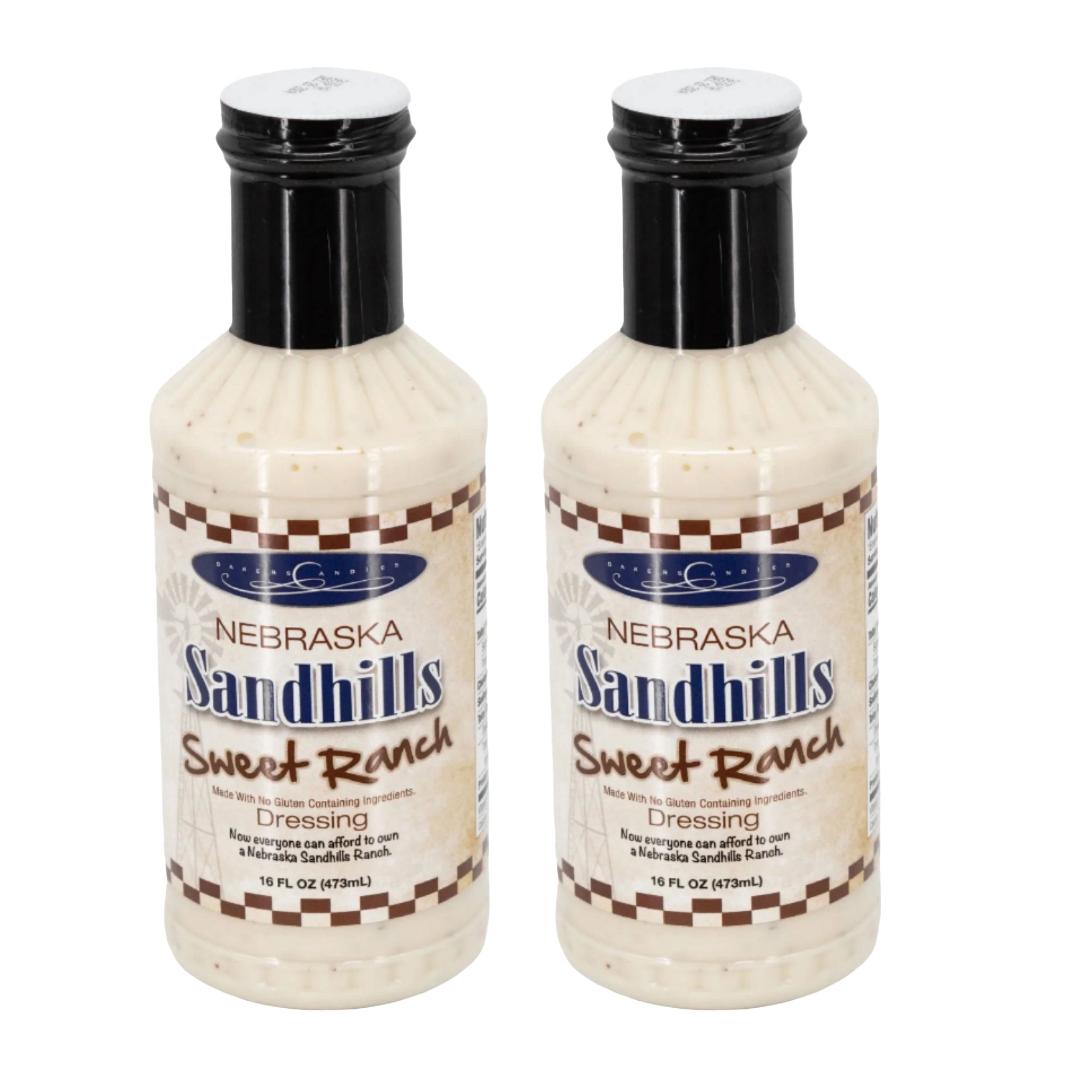 Two bottles of Nebraska Sandhills Sweet Ranch dressing on a white background