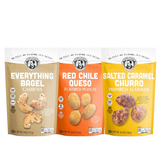 Best Seller Sweet, Salty & Savory Nut Mix | Everything Bagel, Red Chile Queso & Salted Caramel Churro | Brenmar