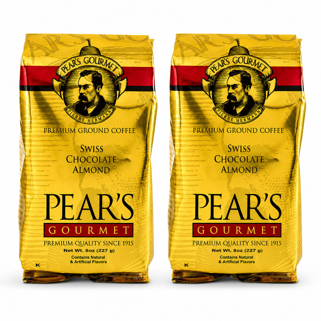 Two packages of Pear's Gourmet Swiss Chocolate Almond coffee on a white background