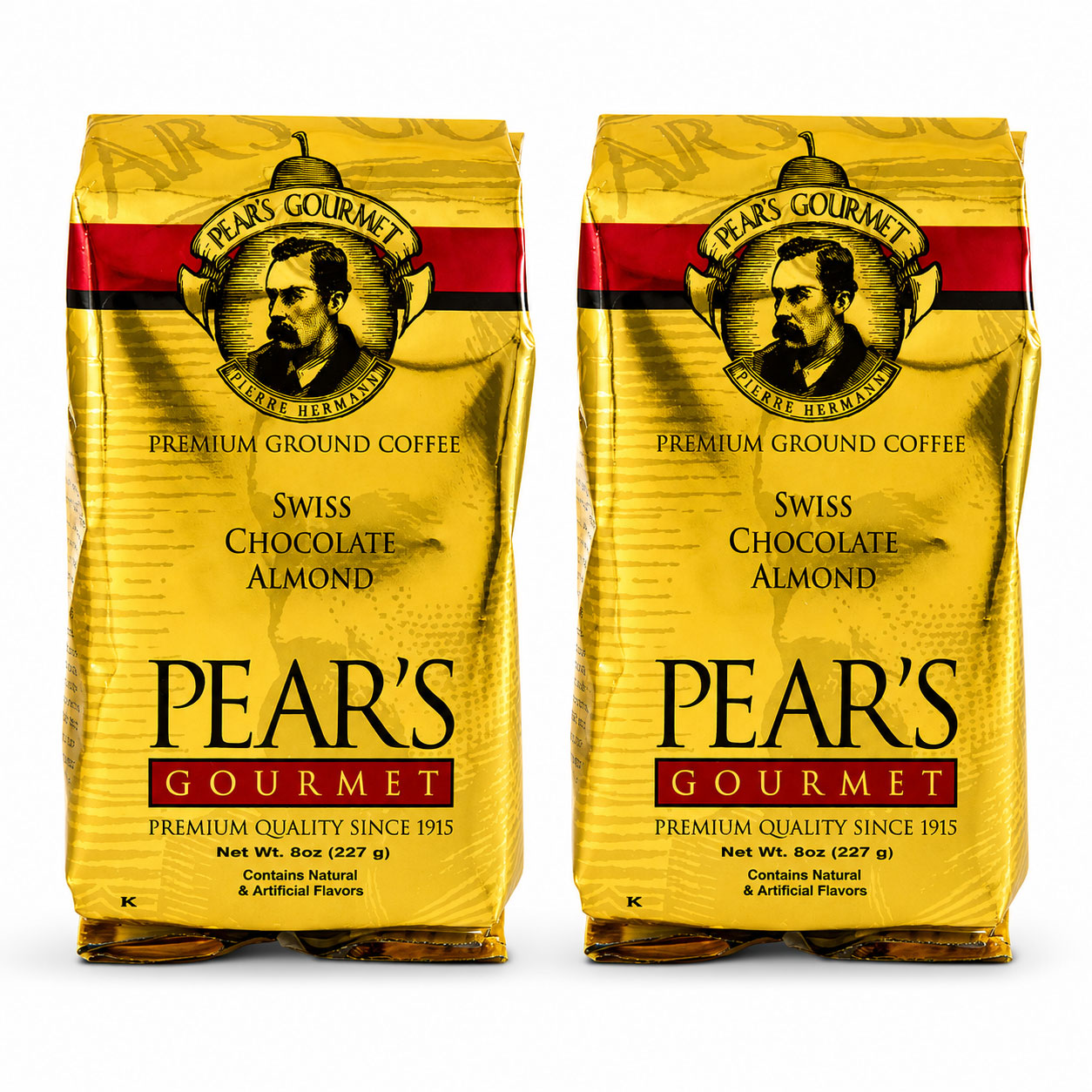Two packages of Pear's Gourmet Swiss Chocolate Almond coffee on a white background