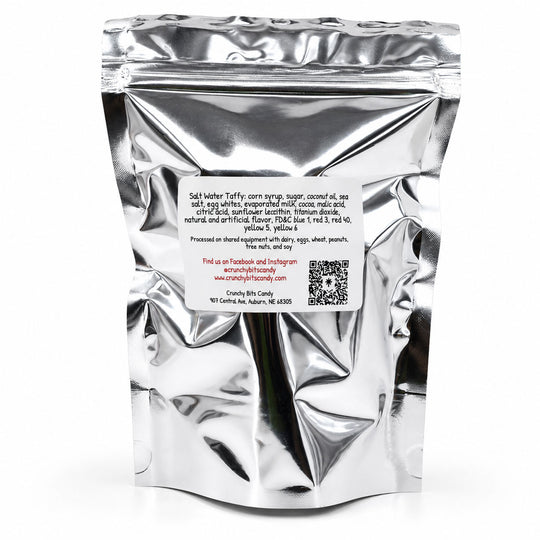 Silver foil packaging with text and a QR code on a white background
