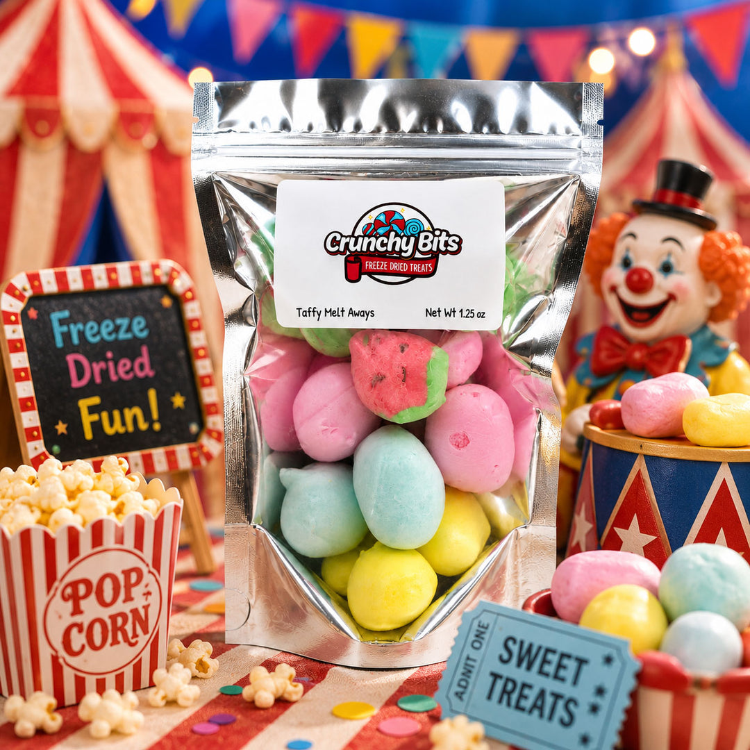 Packaged candy with colorful taffy pieces, popcorn, and circus-themed decorations.