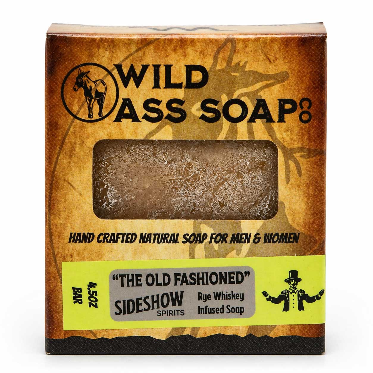 Box of Wild Ass Soap with a bar of soap inside, featuring branding and product description.