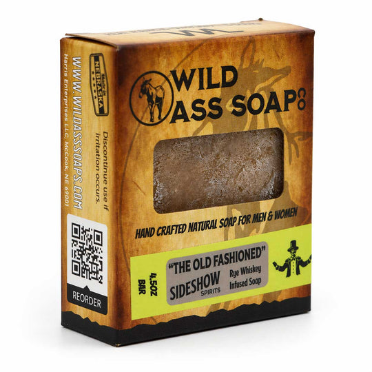 Box of Wild Ass Soap with a bar of soap inside on a white background