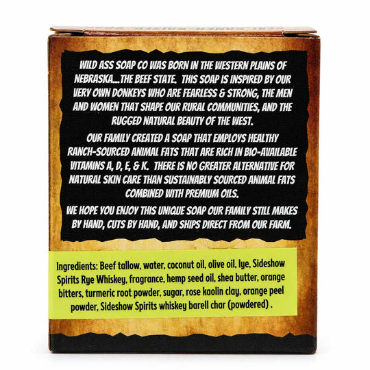 Back of a soap packaging box with text and ingredient list on a white background