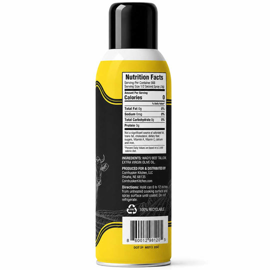 A 600 ml aerosol can of Beef Tallow Oil spray, showing the back label with nutrition facts, ingredients, directions, and a barcode on a white background.