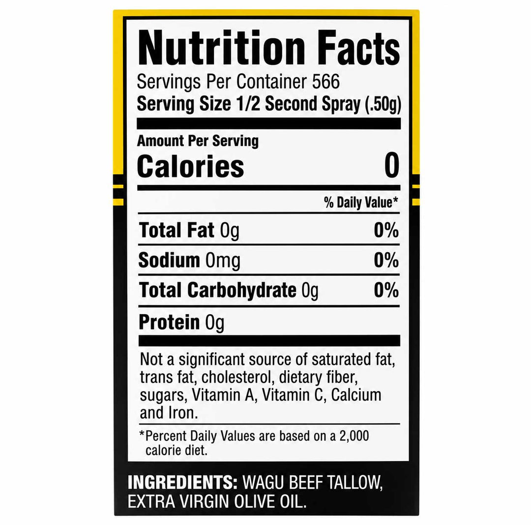 A Nutrition Facts label for Wagyu Beef Tallow, Extra Virgin Olive Oil, showing 0 calories per serving, with a black and white design and a yellow border.