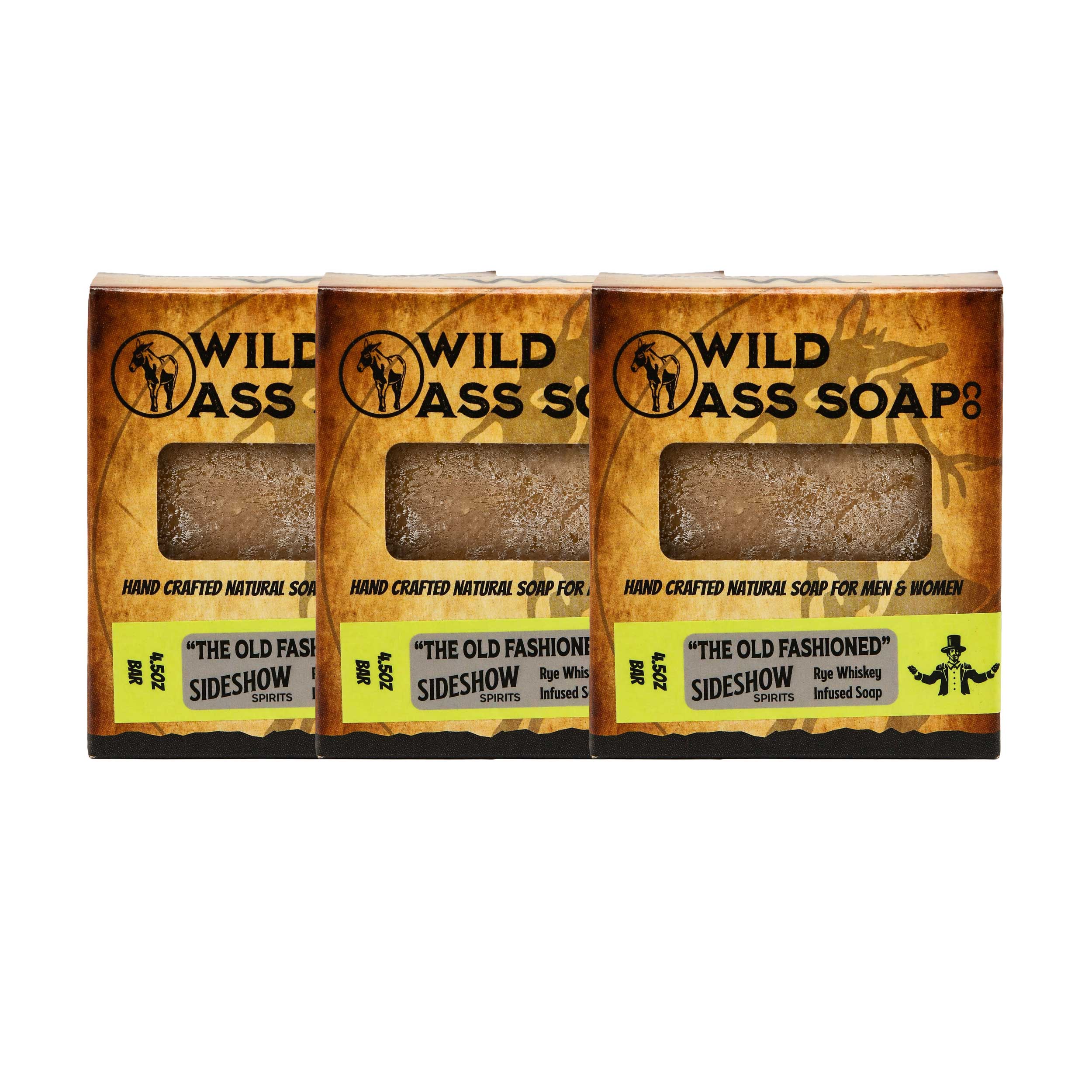 Pack of 3 of Wild Ass Soap with a bar of soap inside, featuring branding and product description.