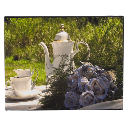 Tea Kettle Set & Blue Roses Canvas Photo | 14.25" x 11" | Journey West Photographer