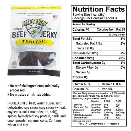 Teriyaki Beef Jerky | 3 oz. Bag | Premium Angus Beef Coated In Teriyaki, Sugar, & Spice | Smoky Undertones | All Natural | Perfect On-The-Go Snack | Rich Source Of Protein | Nebraska Jerky | 6 Pack | Shipping Included