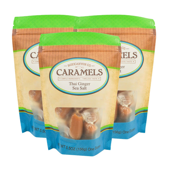 Thai Ginger Sea Salt Caramels | Pack of 3 | 12 Caramels Each | Boxicanyon Caramels