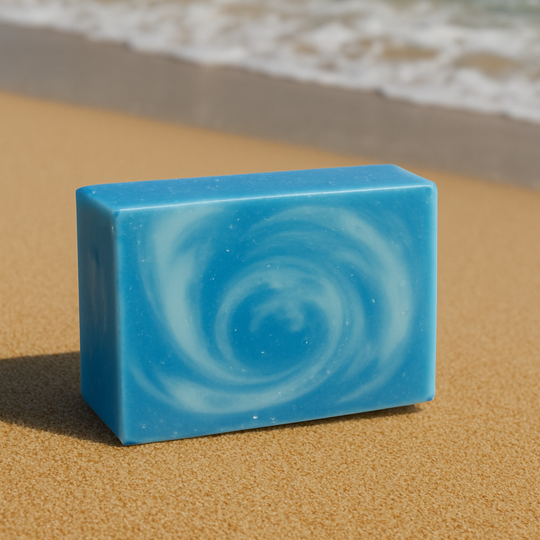 Blue soap bar with a spiral pattern on a sandy beach