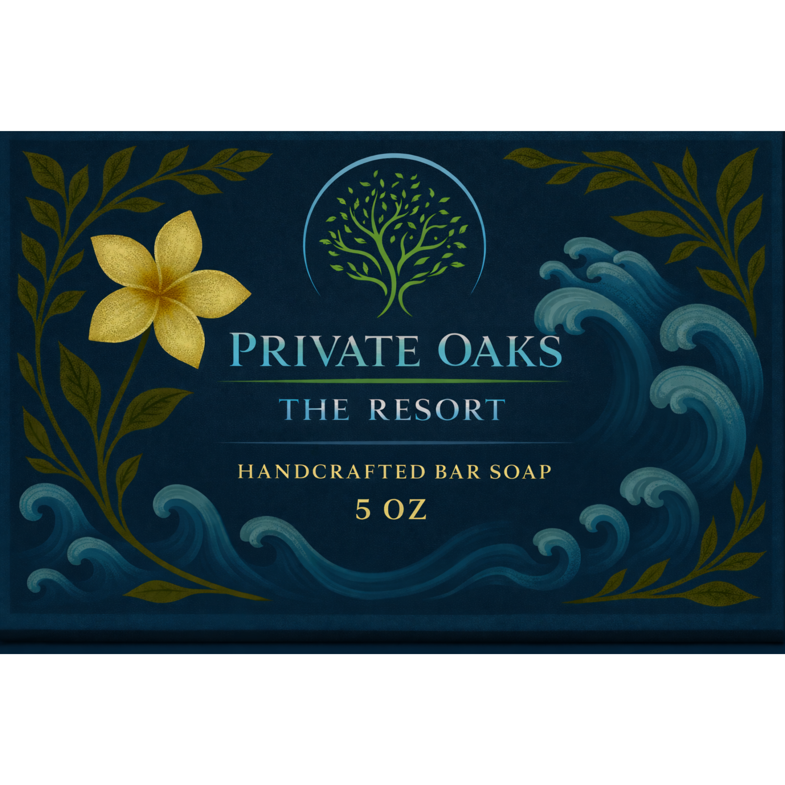 Private Oaks The Resort handcrafted bar soap packaging with floral and wave design.