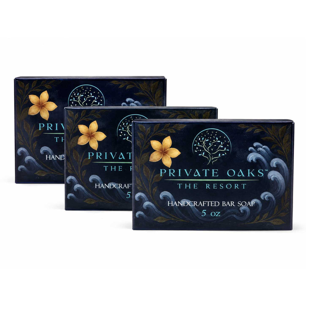 Three boxes of Private Oaks The Resort Handcrafted Bar Soap, 5 oz each, arranged in a staggered row on a white background.