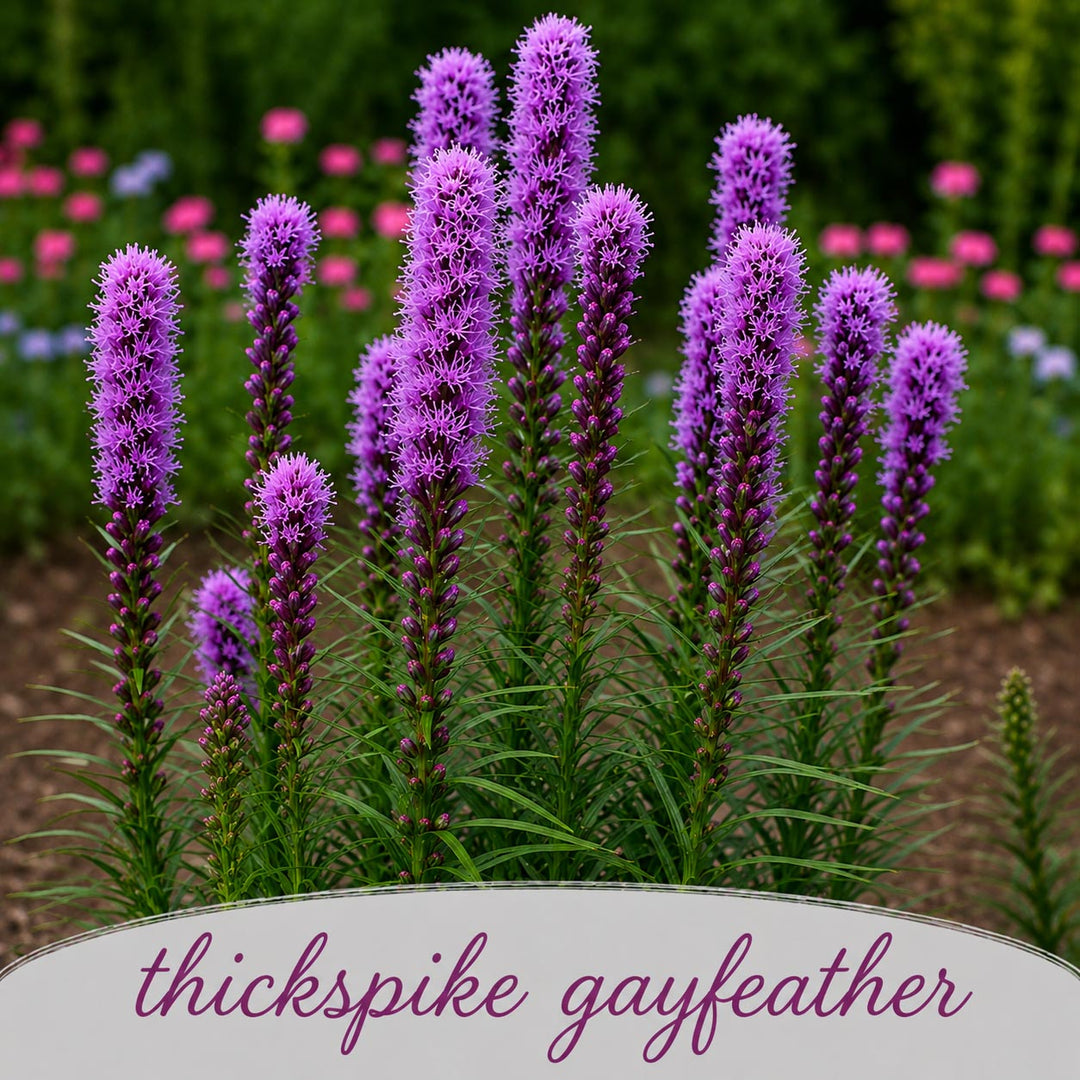 Purple thickspike gayfeather flowers with a blurred garden background