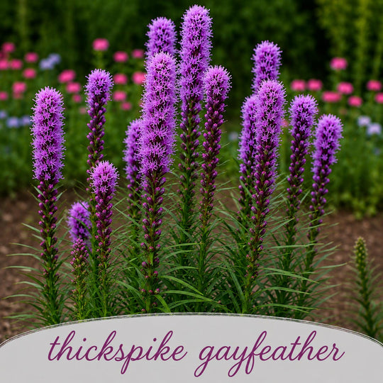 Purple thickspike gayfeather flowers with a blurred garden background