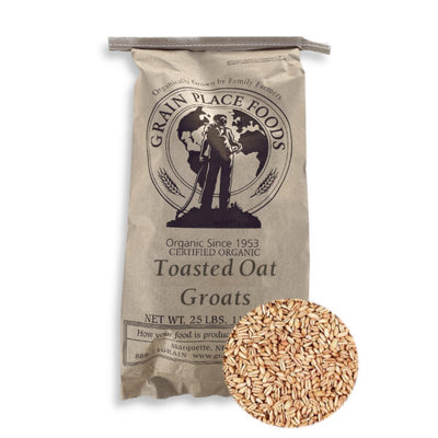 One 25 Pound Bag Of Organic Toasted Oat Groats On A White Background