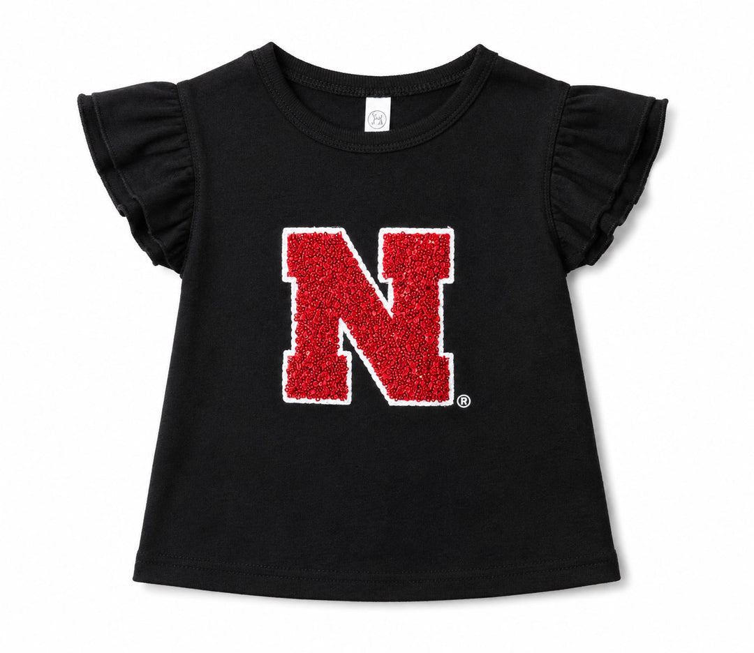 Nebraska Sewn Sequin Appliqué Black Licensed Toddler Shirt | Multiple Sizes | H.Flynn Designs