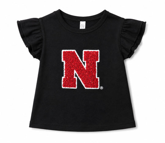 Nebraska Sewn Sequin Appliqué Black Licensed Toddler Shirt | Multiple Sizes | H.Flynn Designs