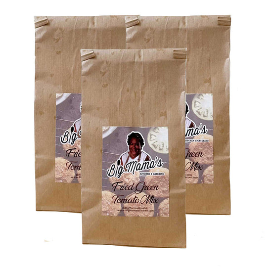Three brown paper bags with 'Big Mama's' label on a white background