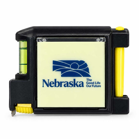 A black and yellow Nebraska state-themed spirit level tool with a pale yellow faceplate featuring the blue Nebraska logo and text, shown on a white background.