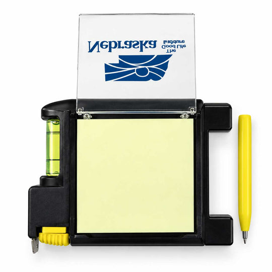 A black and yellow pocket notepad holder with a clear cover printed with 'Nebraska Good Life', a small yellow level, and a yellow pen, shown on a white background.