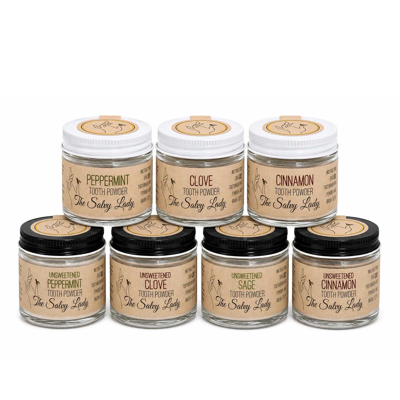 Set of seven jars of 'The Salty Lady' tooth powder with different flavors on a white background.
