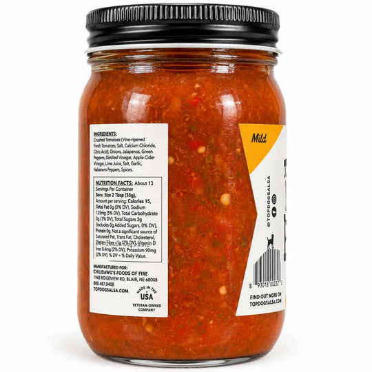 A glass jar of Topo's Salads Mild Heat salsa with a black lid, showing the back label and ingredients on a white background.