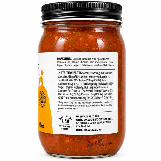 A glass jar of Chilidawg's Fresh Fire Crushed Tomatoes salsa with a black lid and a white label featuring a yellow logo, set against a plain white background.